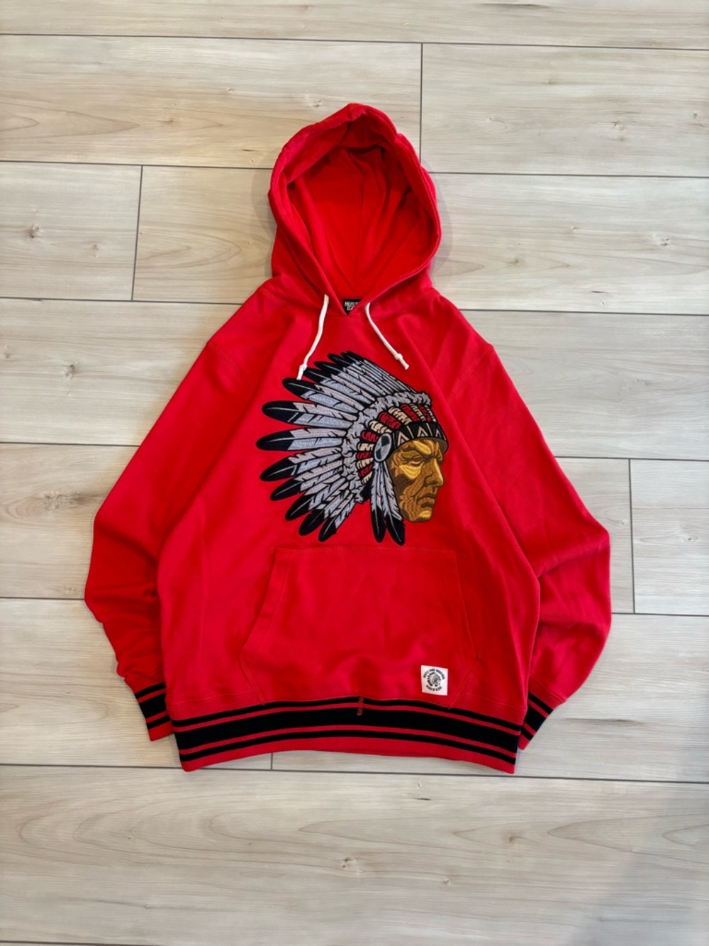 Hustle Gang Streetwear Red Hooded Sweatshirt with Native Headdress Graphic